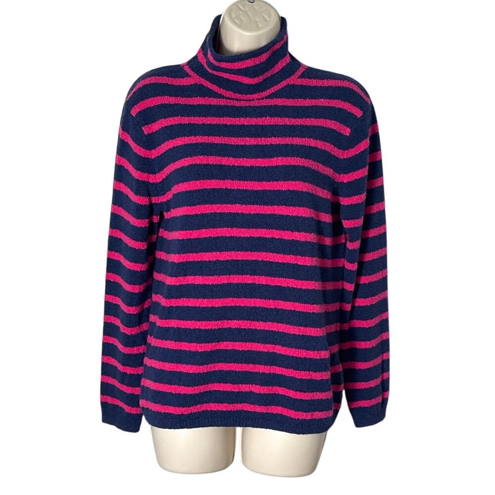 J. Crew Women's Rollneck Navy and Pink Striped Fuzzy Sweater Size‎ S